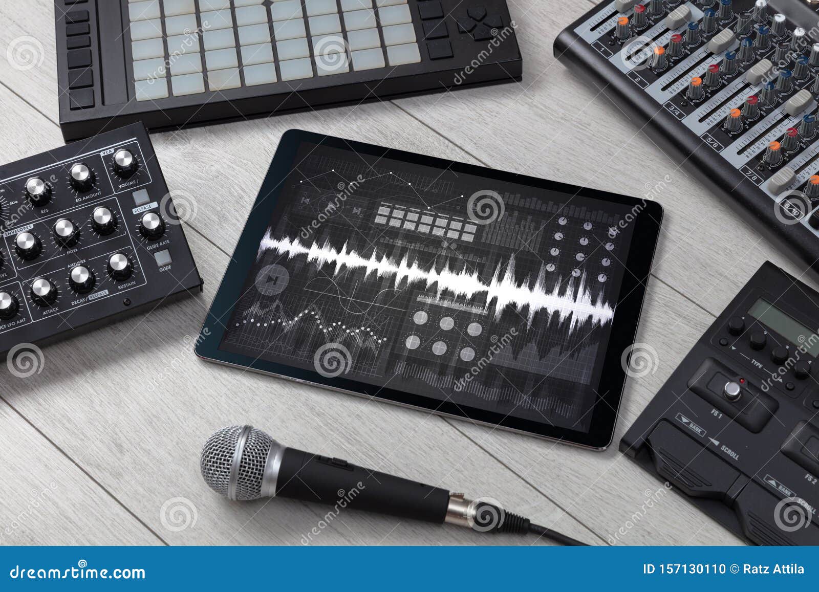 Music Instruments and Tablet with Recording App Stock Photo Image of