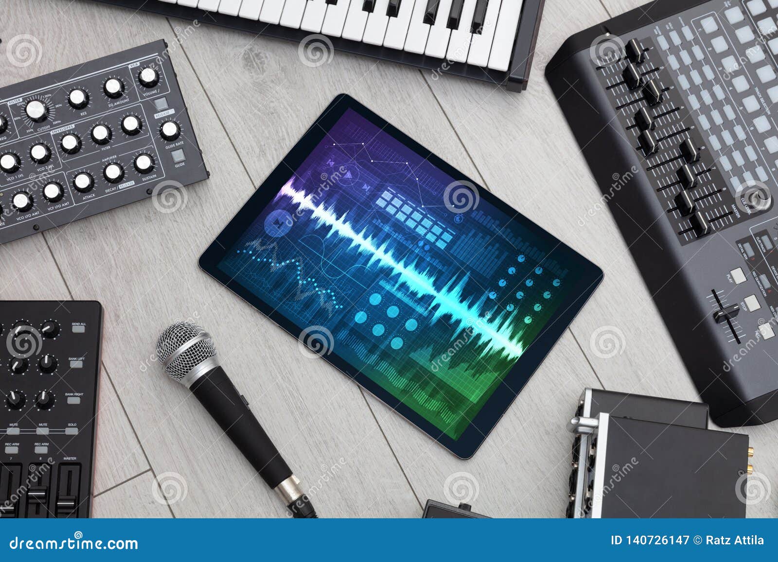 Music Instruments and Tablet with Recording App Stock Image Image of