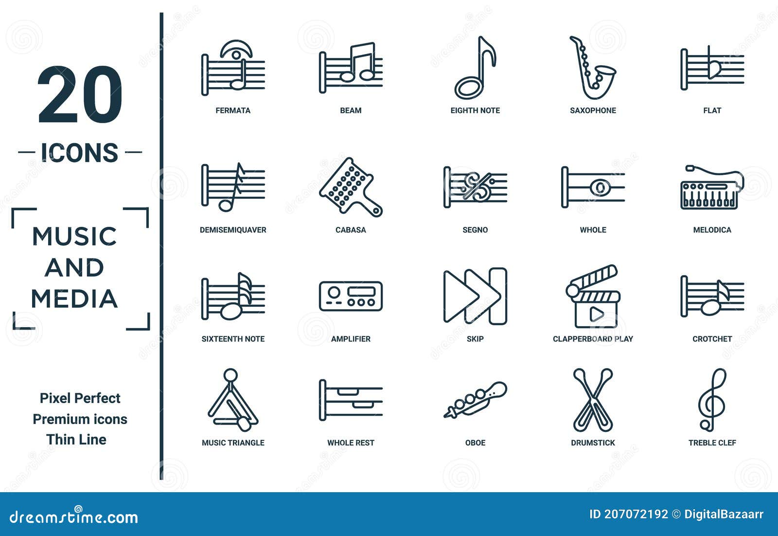 music.and.media linear icon set. includes thin line fermata, demisemiquaver, sixteenth note, music triangle, treble clef, segno,