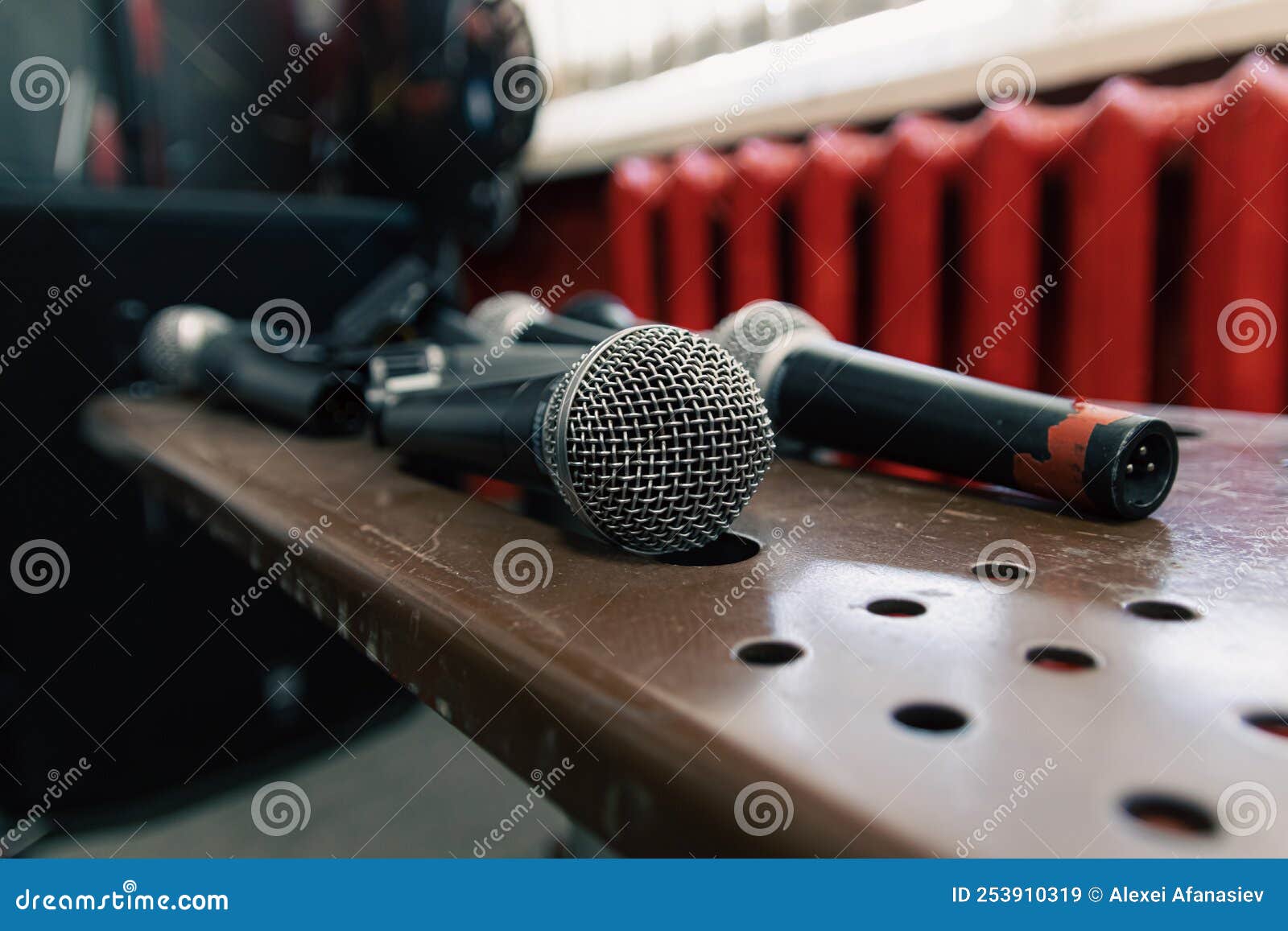 The Music Microphones are on the Table in the Studio Stock Image