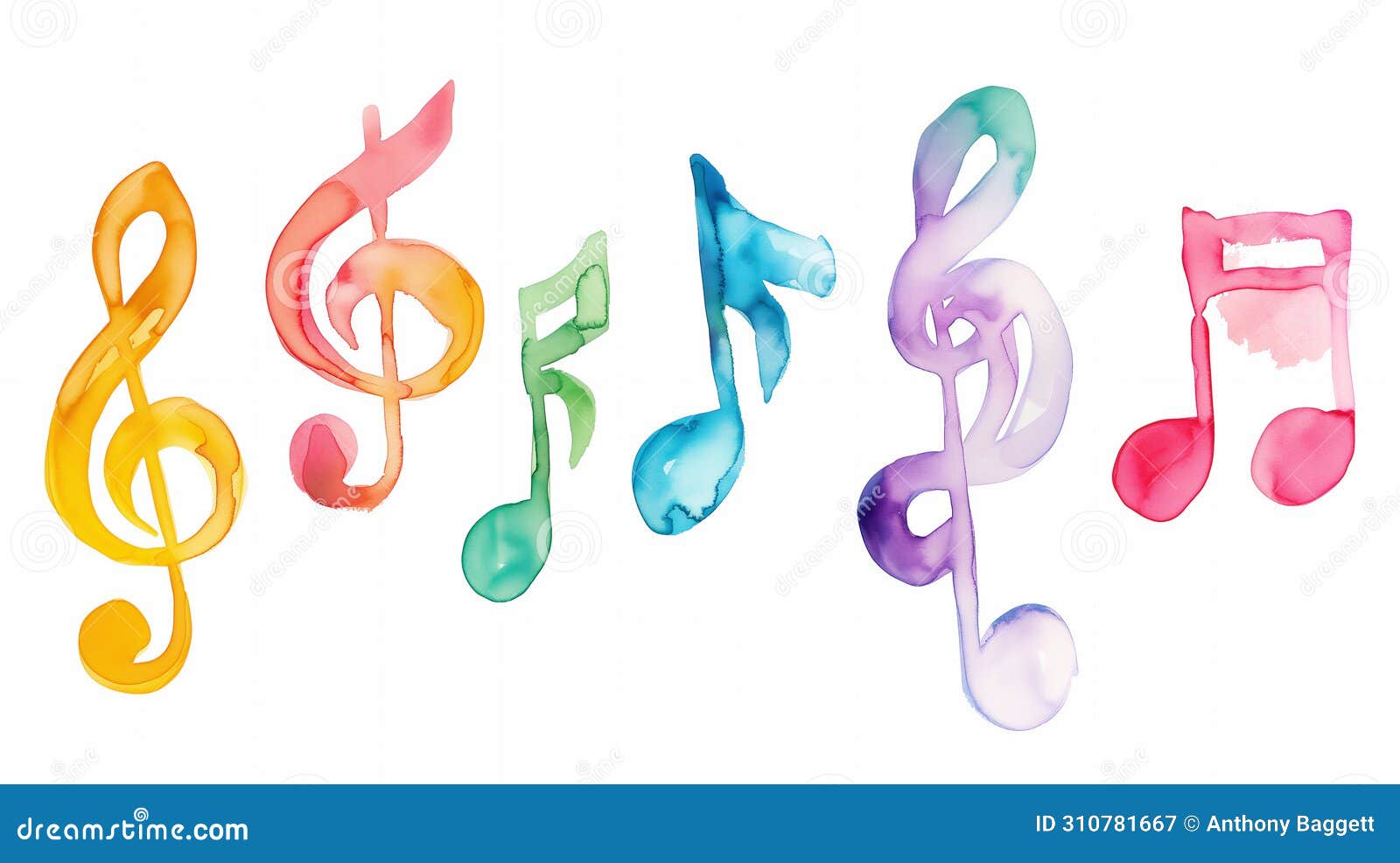 music note background  on a white background showing a colourful watercolour painting of a treble clef and crotchets in a