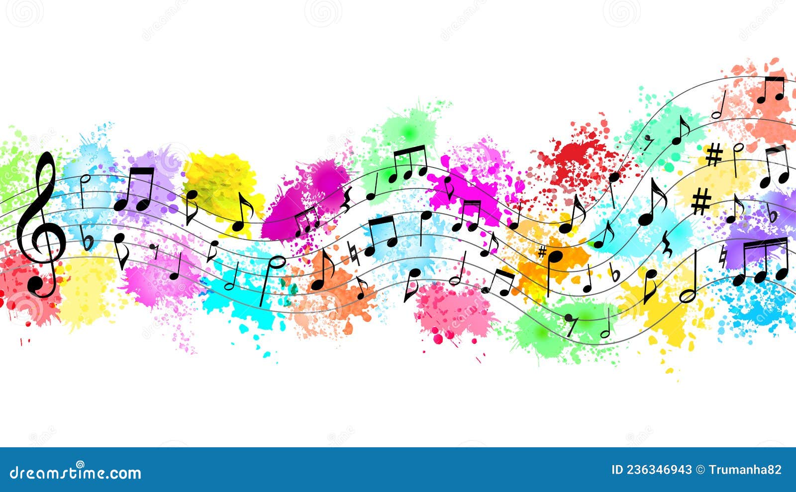 Vector Black Music Notes in Colorful Spatters and Splashes Background