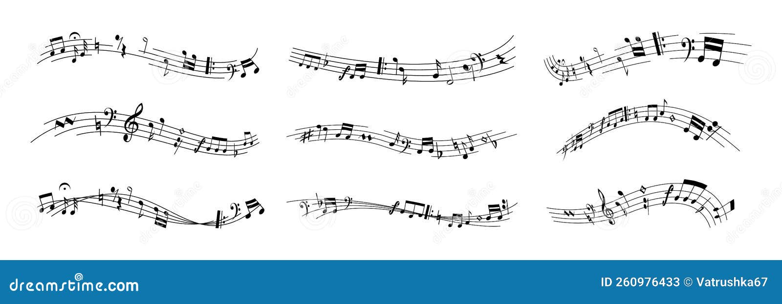 music notes decoration. doodle melody tune key s flowing on chords, rows of musical crotchets with curves and