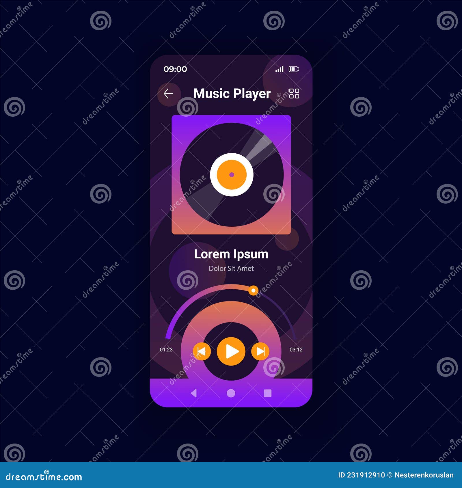 Music Player Dark Smartphone Interface Vector Template Stock Vector
