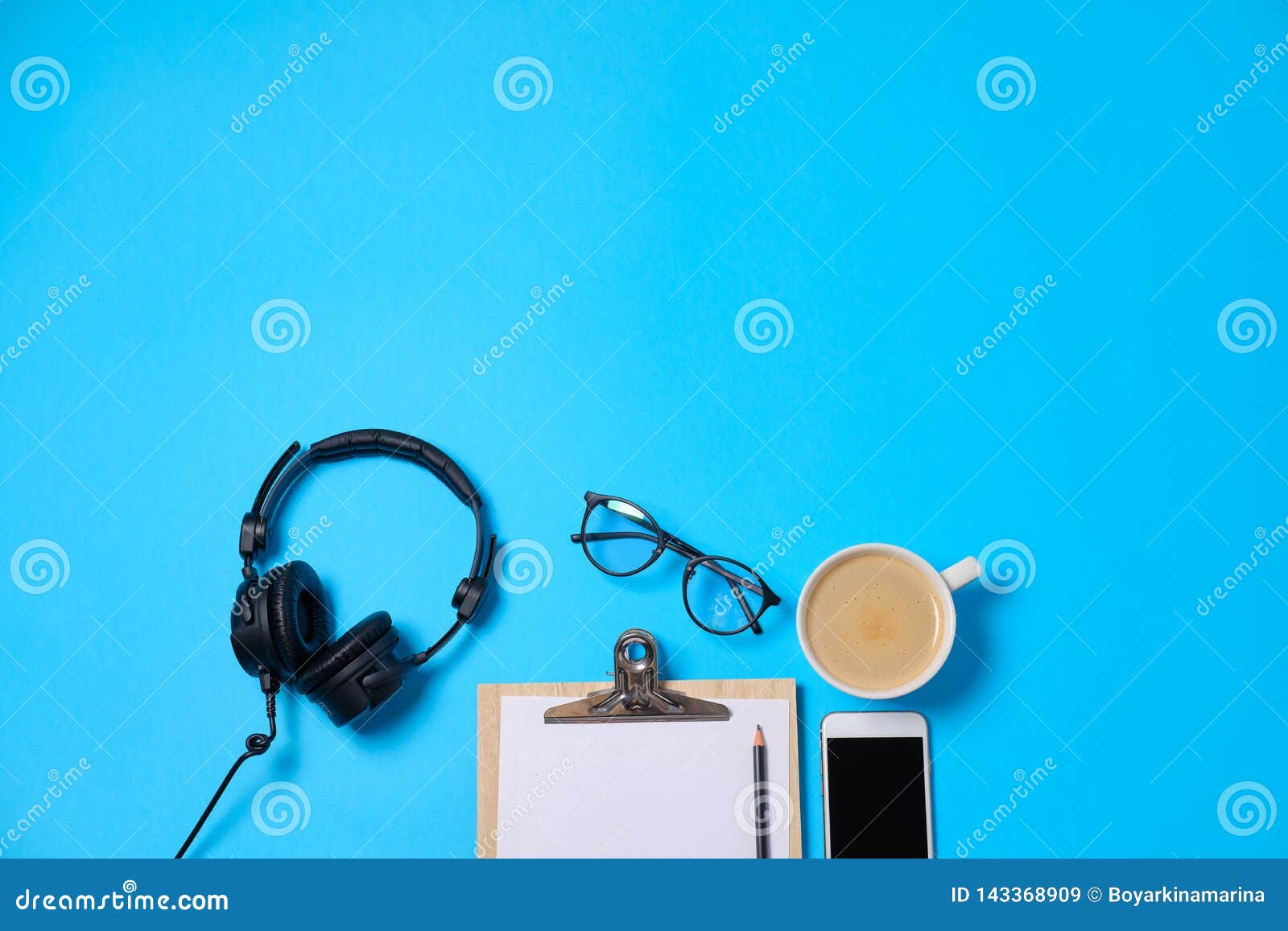 Music or Podcast Background with Headphones, Microphone, Coffee and Blank  on Blue Table, Flat Lay. Top View, Flat Lay Stock Image - Image of listen,  digital: 143368909