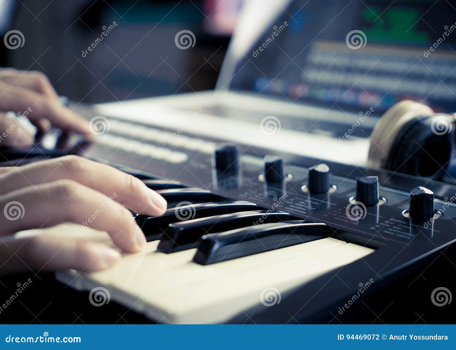 Music Producer is Working with Synthesizer Stock Photo Image of playing, electronic 94469072