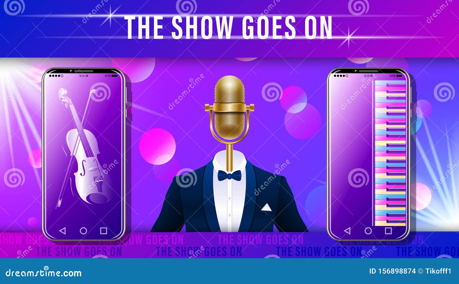 music show. gold mic in tuxedo and smartphone.