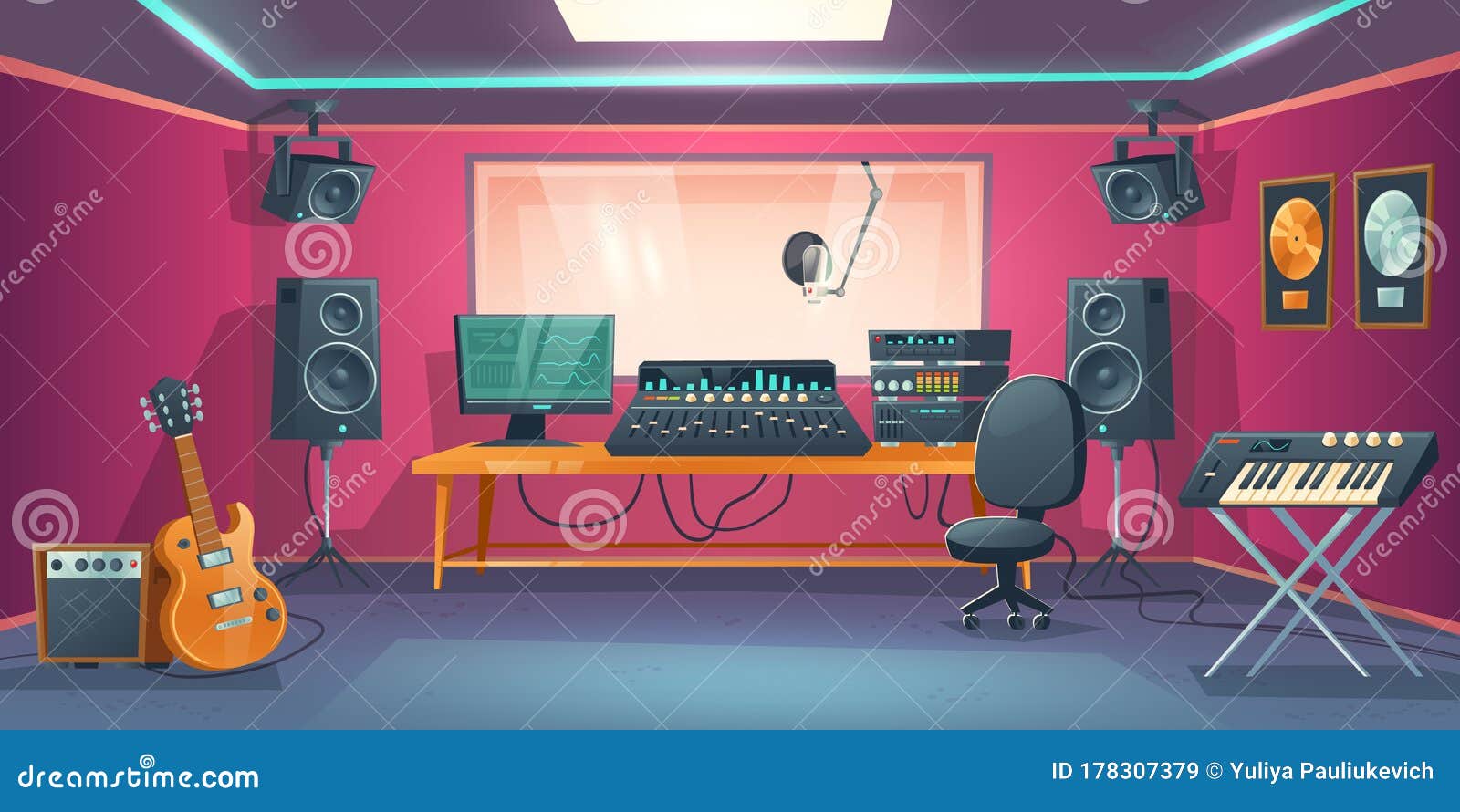 Music studio full of instruments and pc display Stock Photo - Alamy