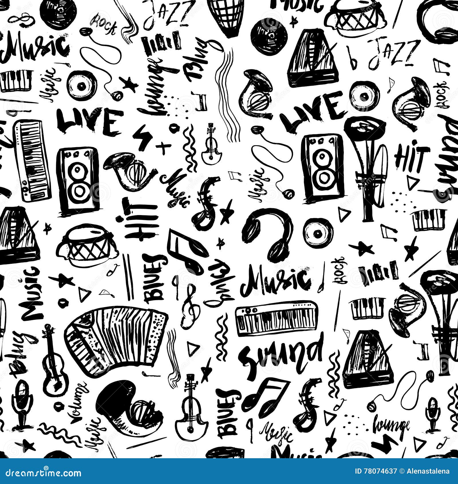 Music Symbols Funny Hand Drawn Seamless Pattern with Elemet and ...