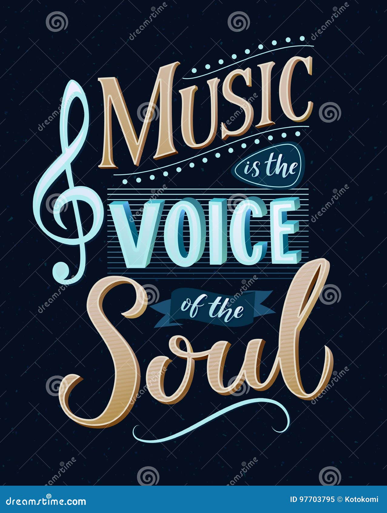 Download Music Is The Voice Of The Soul. Inspirational Quote Typography, Vintage Style Saying At Blue ...