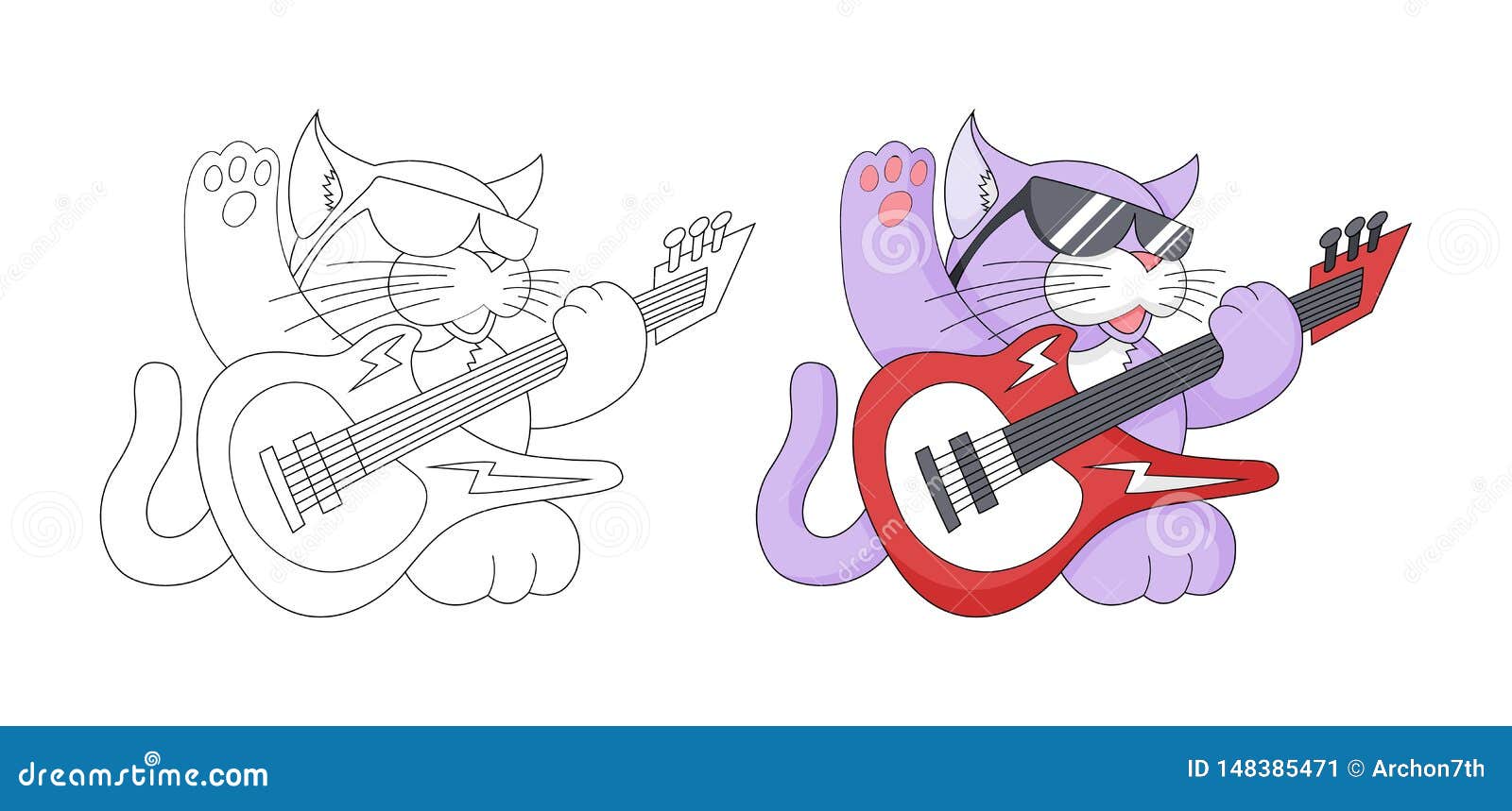 Musical Cartoon Animal. Childish Cat with Guitar. Coloring Book ...