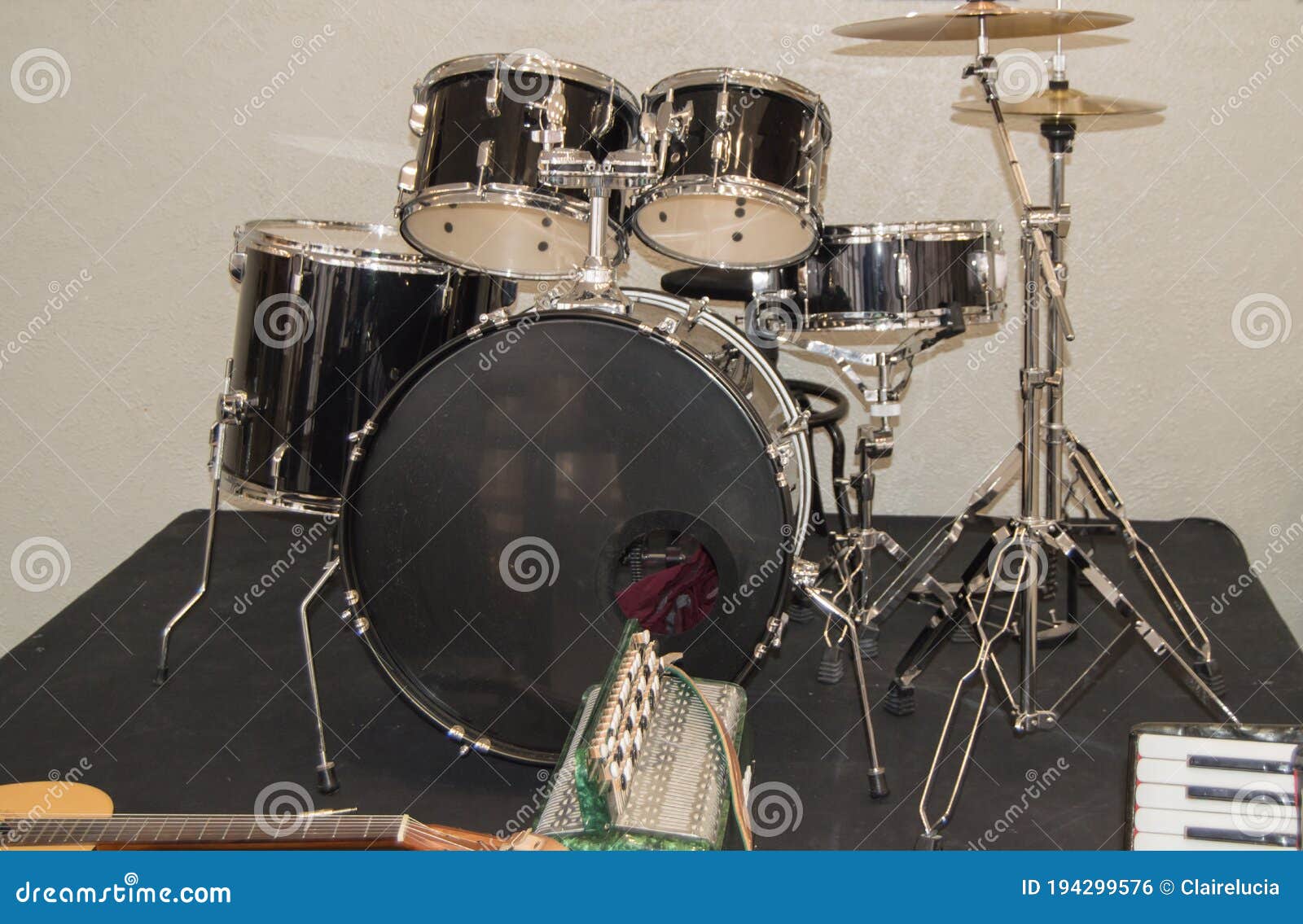 Musical Instrument Drums and Percussion with Musical Cymbals Stock