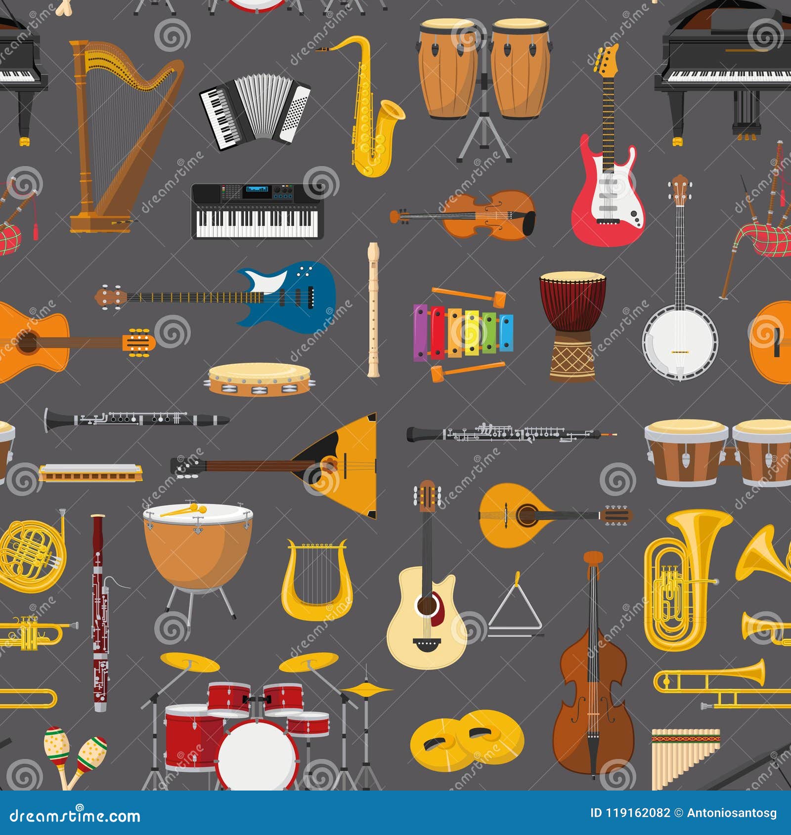 Musical instrumental seamless pattern background. Vector illustracion