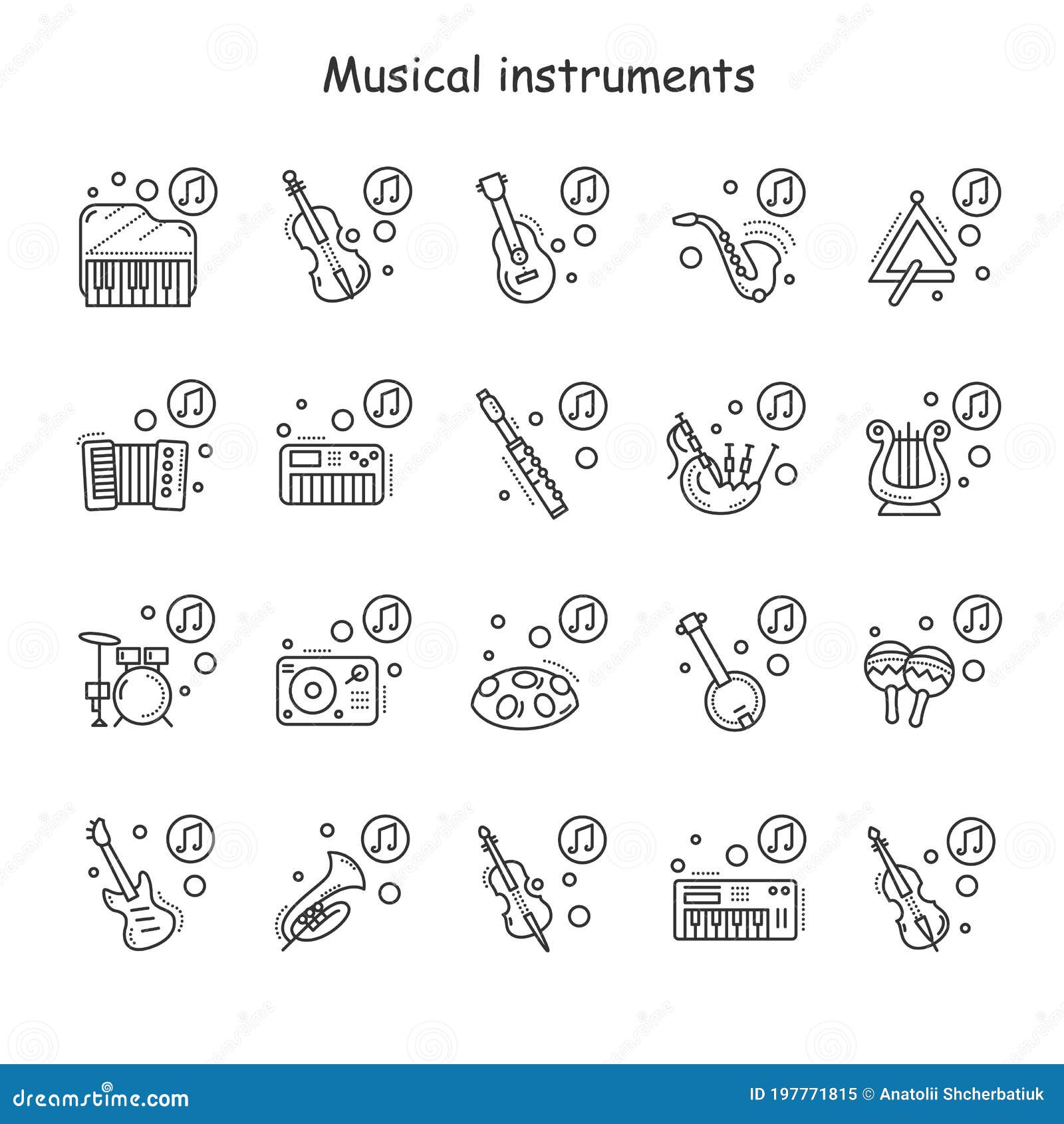 musical instruments line icons set. editable