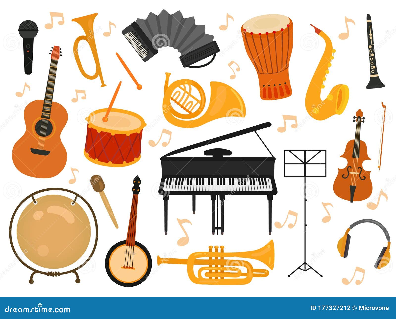 musical instruments. sound toys, music instrument for rhythm study. flat  drum and flute, acoustic guitar and
