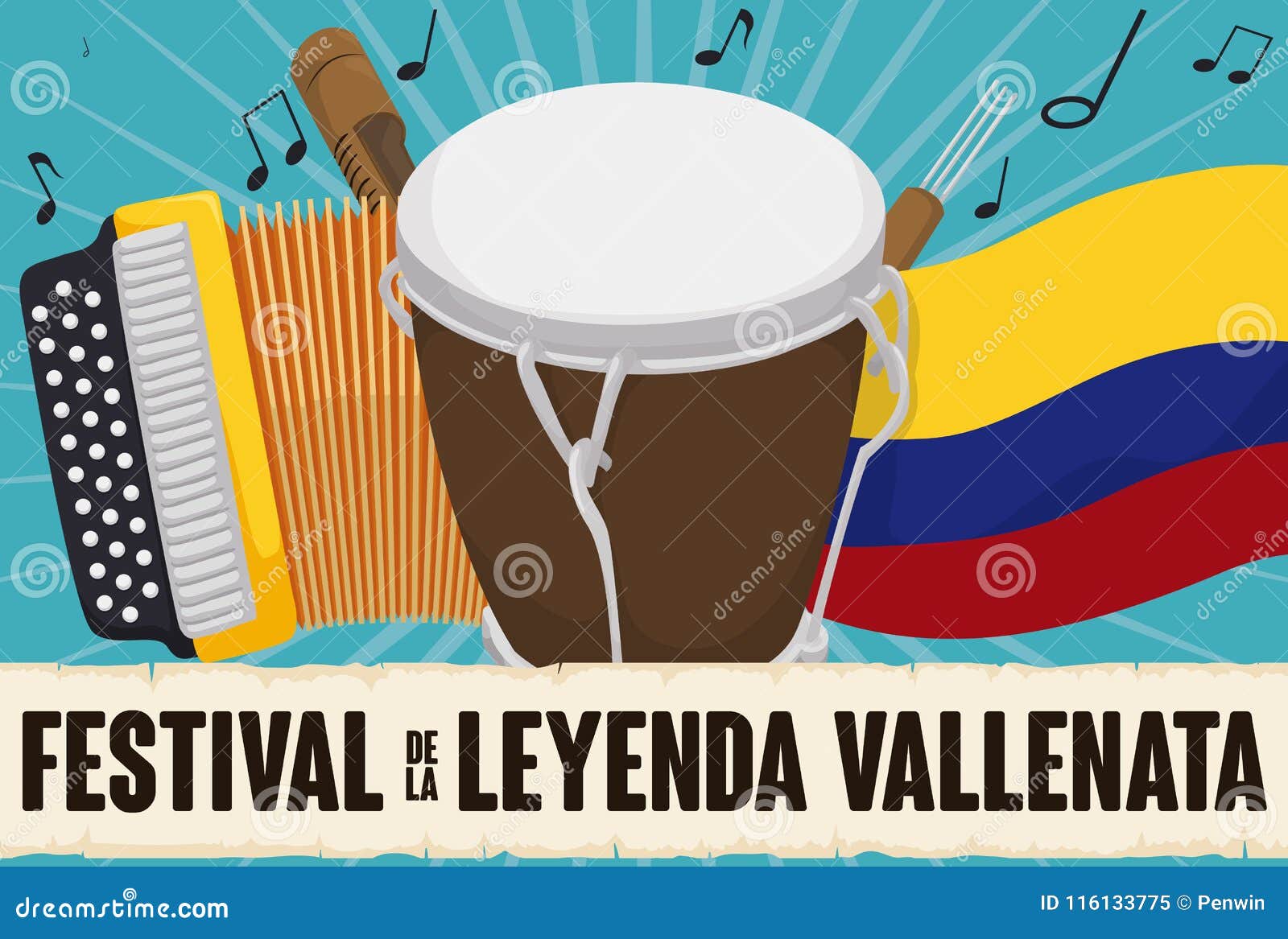 Accordion, Caja, Guacharaca, Colombian Flag and Scroll for Vallenato  Festival, Vector Illustration Stock Vector - Illustration of april,  cartoon: 116133775