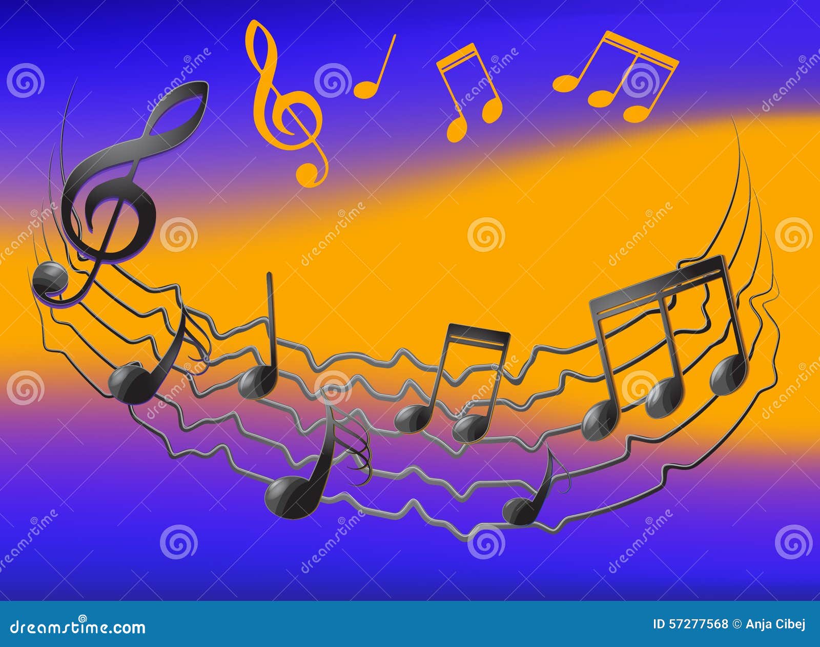 Musical Notes on Vibrating Staff and Colorfull Background Stock Vector