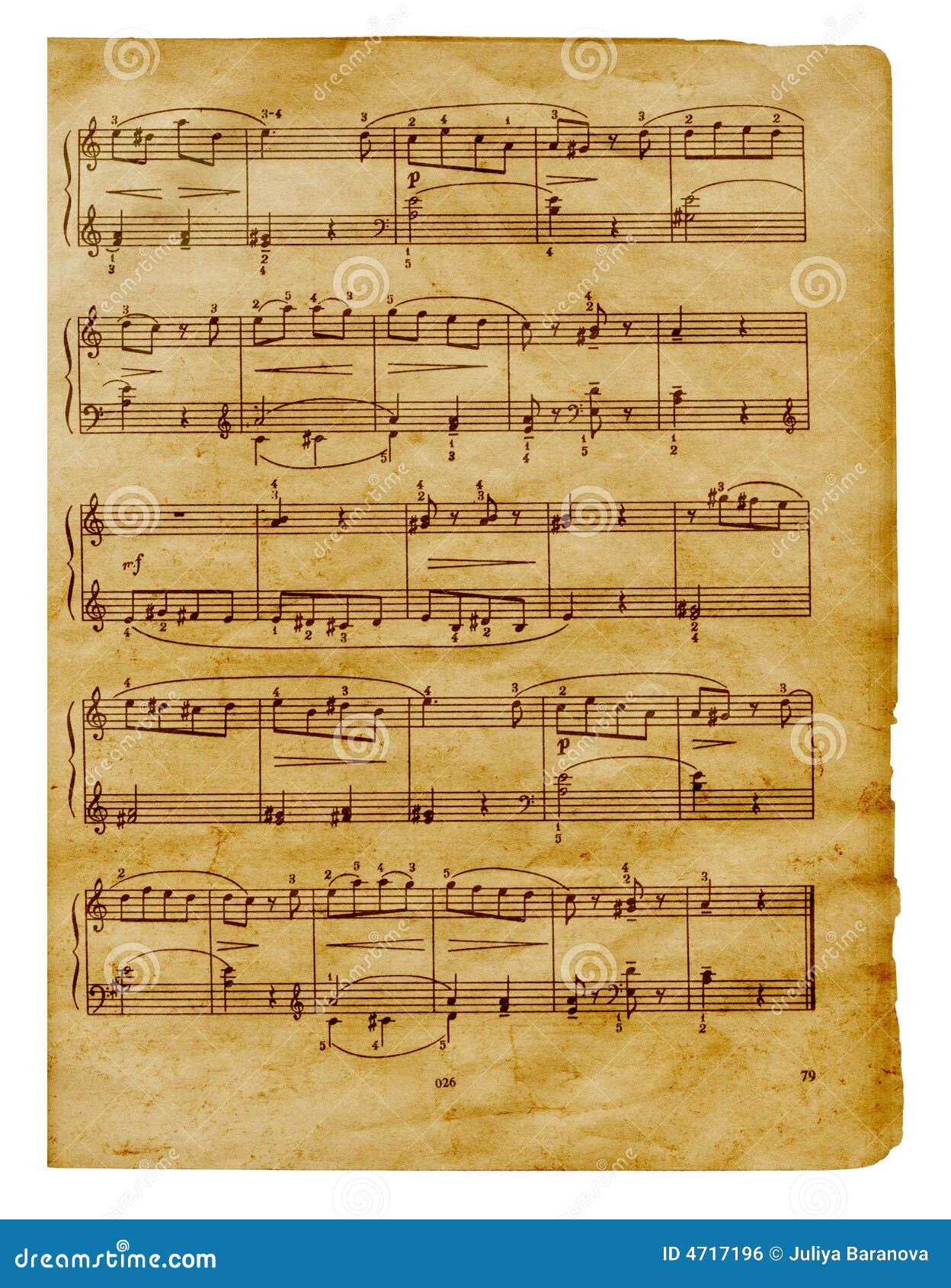 old sheet of music with handwritten notes, mf, mezzo-forte Stock