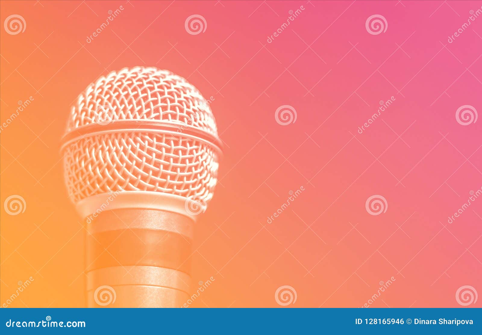 Musical orange background with microphone, instrument for singer, music school banner