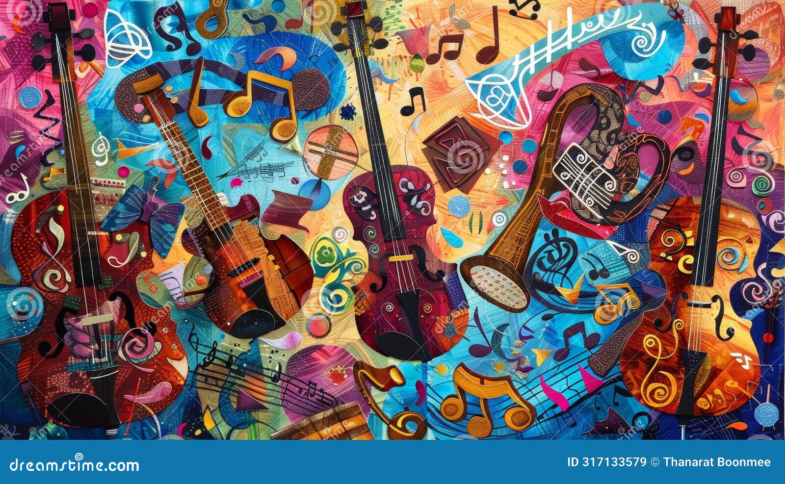 musical themed collage art instruments, notes, rhythm based s, ai generated