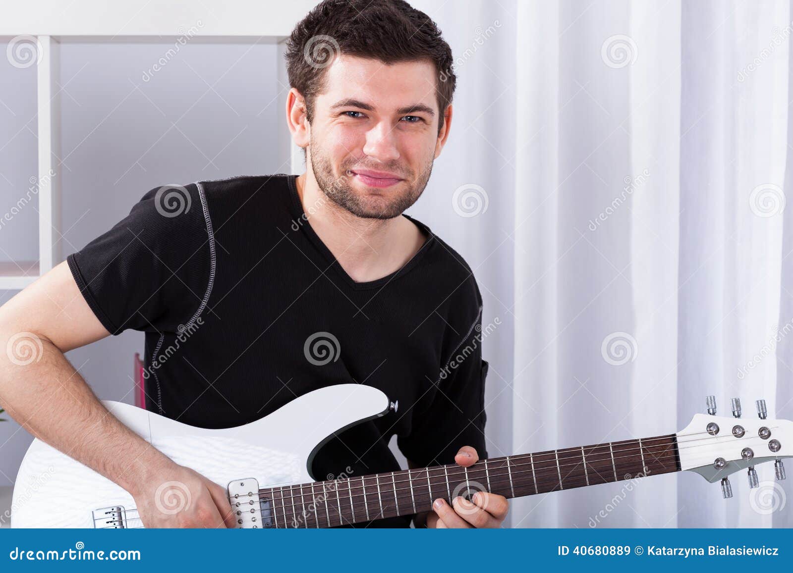 Musician with Electric Guitar Stock Image Image of practise, black
