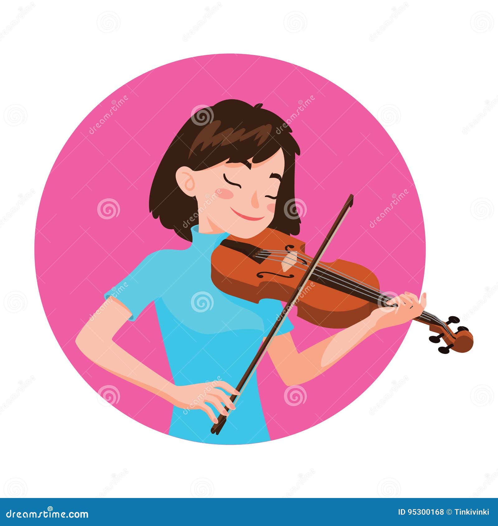 Musician playing violin. Girl violinist is inspired to play a classical musical instrument. Vector illustration in cartoon style in the pink circle on white background for your design and print.