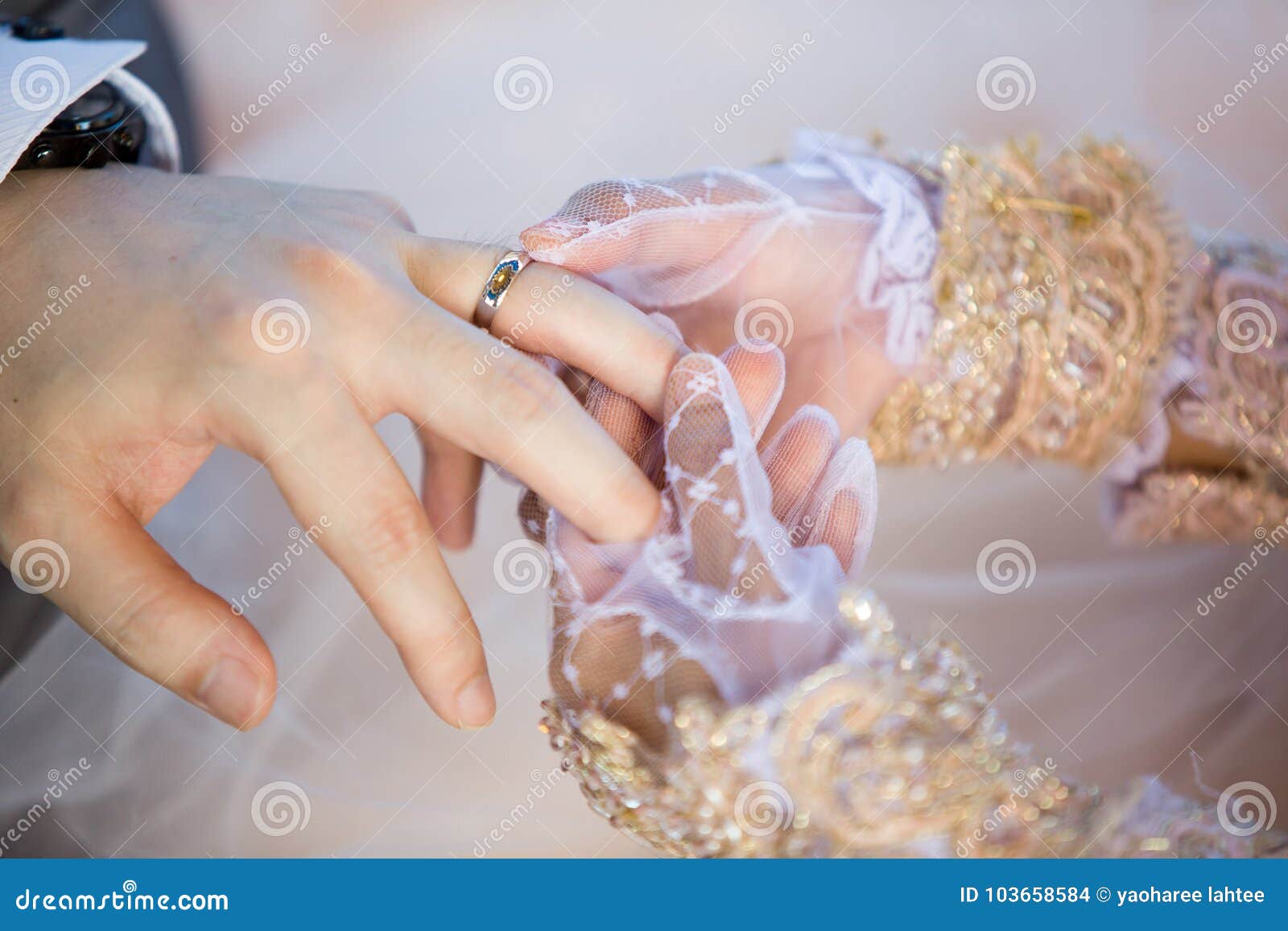 Muslim Bride Wears the Ring Groom Stock Photo Image of holding, husband 103658584