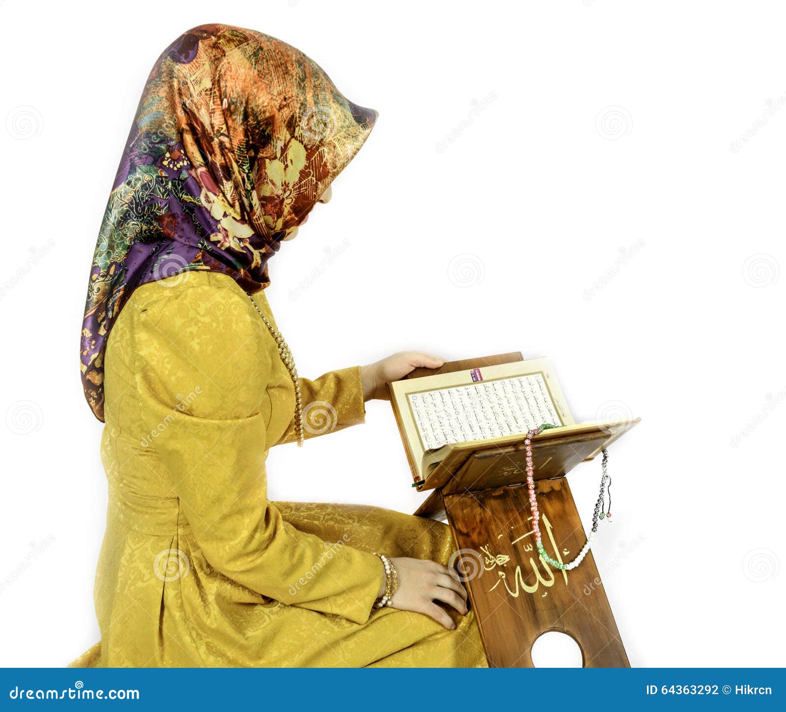 Muslim Girl In Hijab Reading Al Quran On A White 