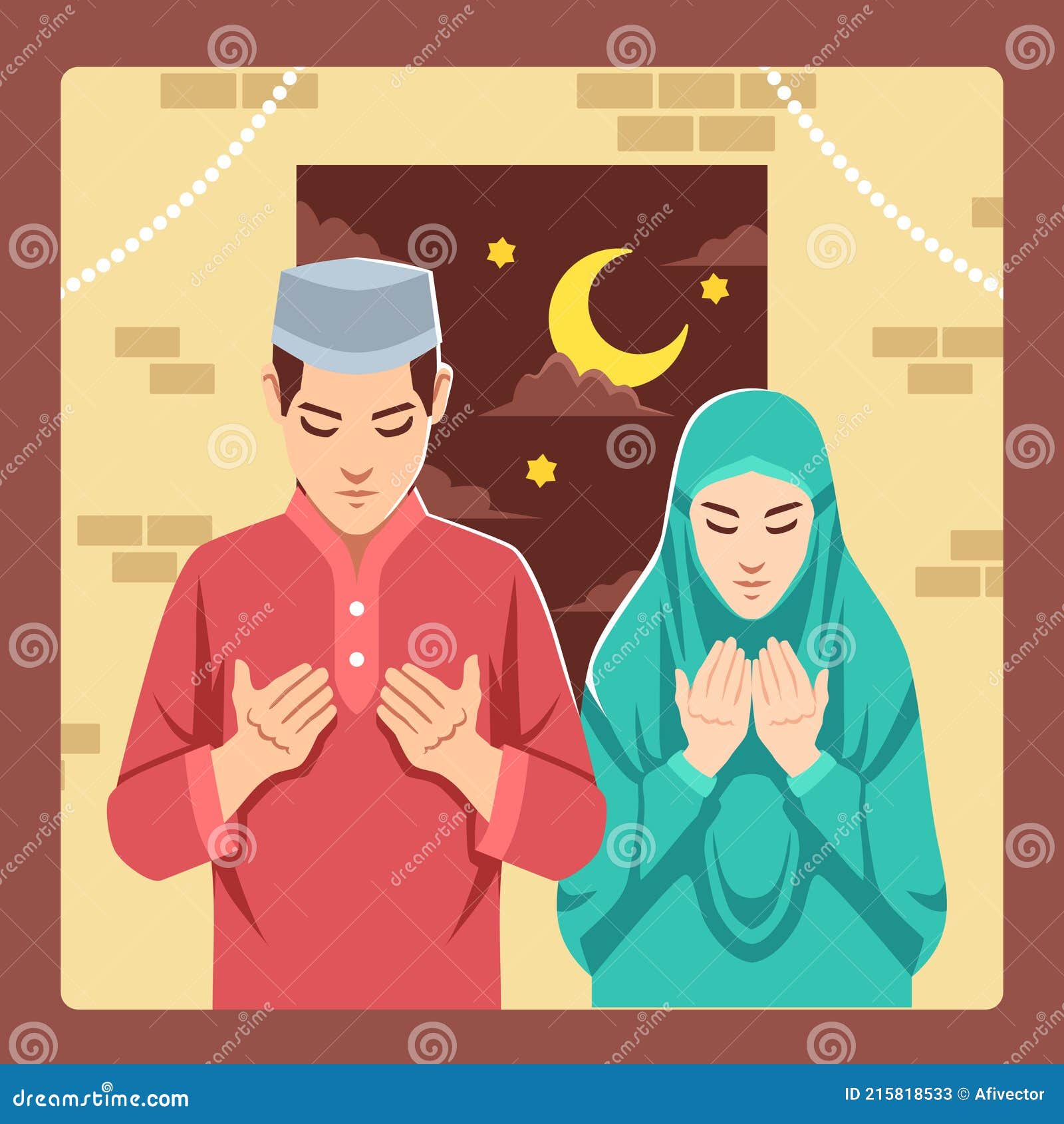 Muslim Husband and Wife Pray at Midnight Vector Image. Stock Vector -  Illustration of character, drawing: 215818533
