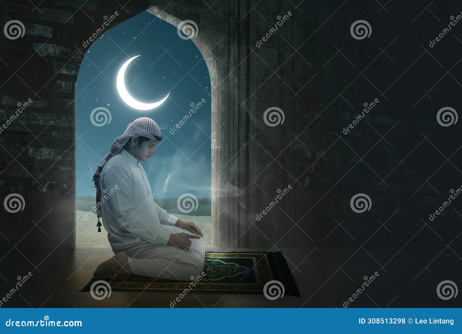 a muslim man with agal in a praying position (salat) in the mosque