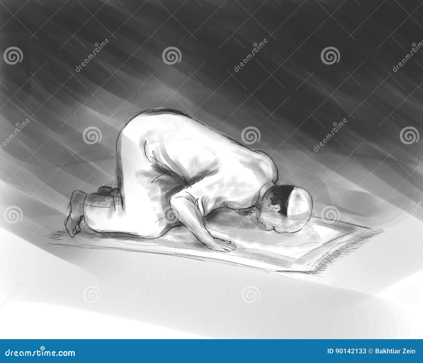 muslim man do shalat, islam prayer activity,  in sketch hand drawing ink style