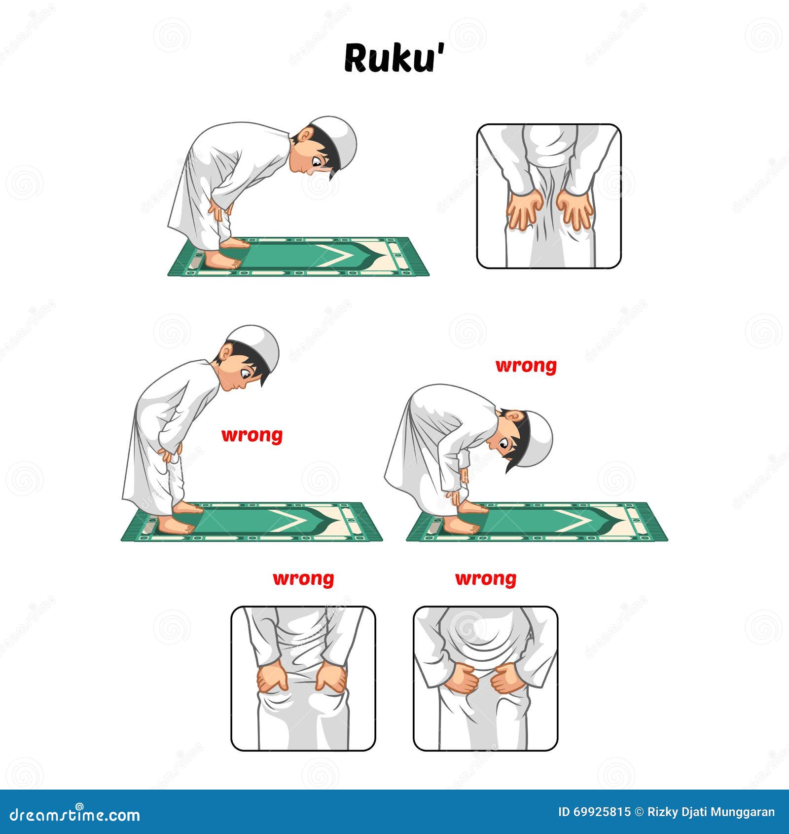 muslim prayer position guide step by step perform by boy bowing and hands holding the knee with wrong position