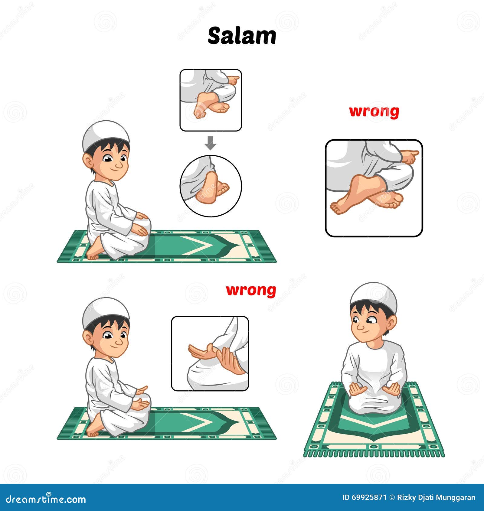 muslim prayer position guide step by step perform by boy salutation and position of the feet with wrong position