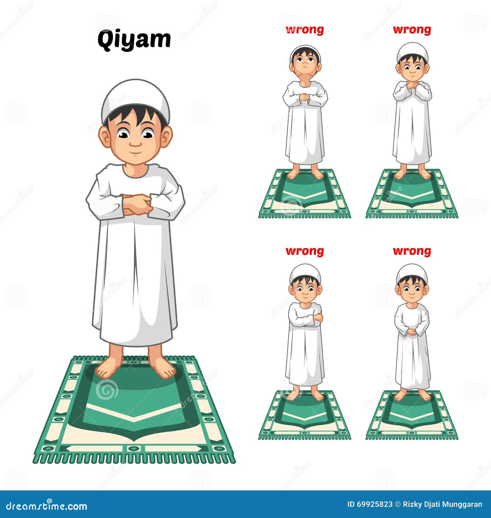 muslim prayer position guide step by step perform by boy standing and placing both hands with wrong position
