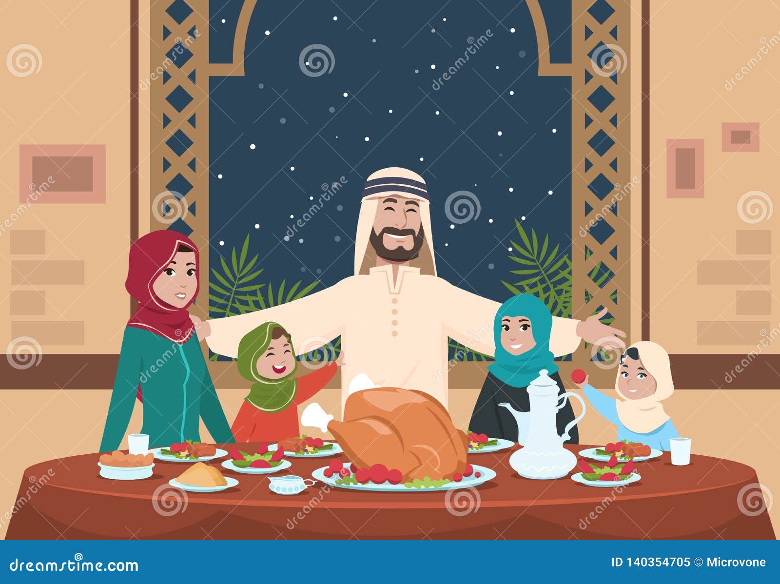 Muslim Ramadan Dinner. Saudi Family with Kids Eating Home Stock Vector -  Illustration of cartoon, child: 140354705