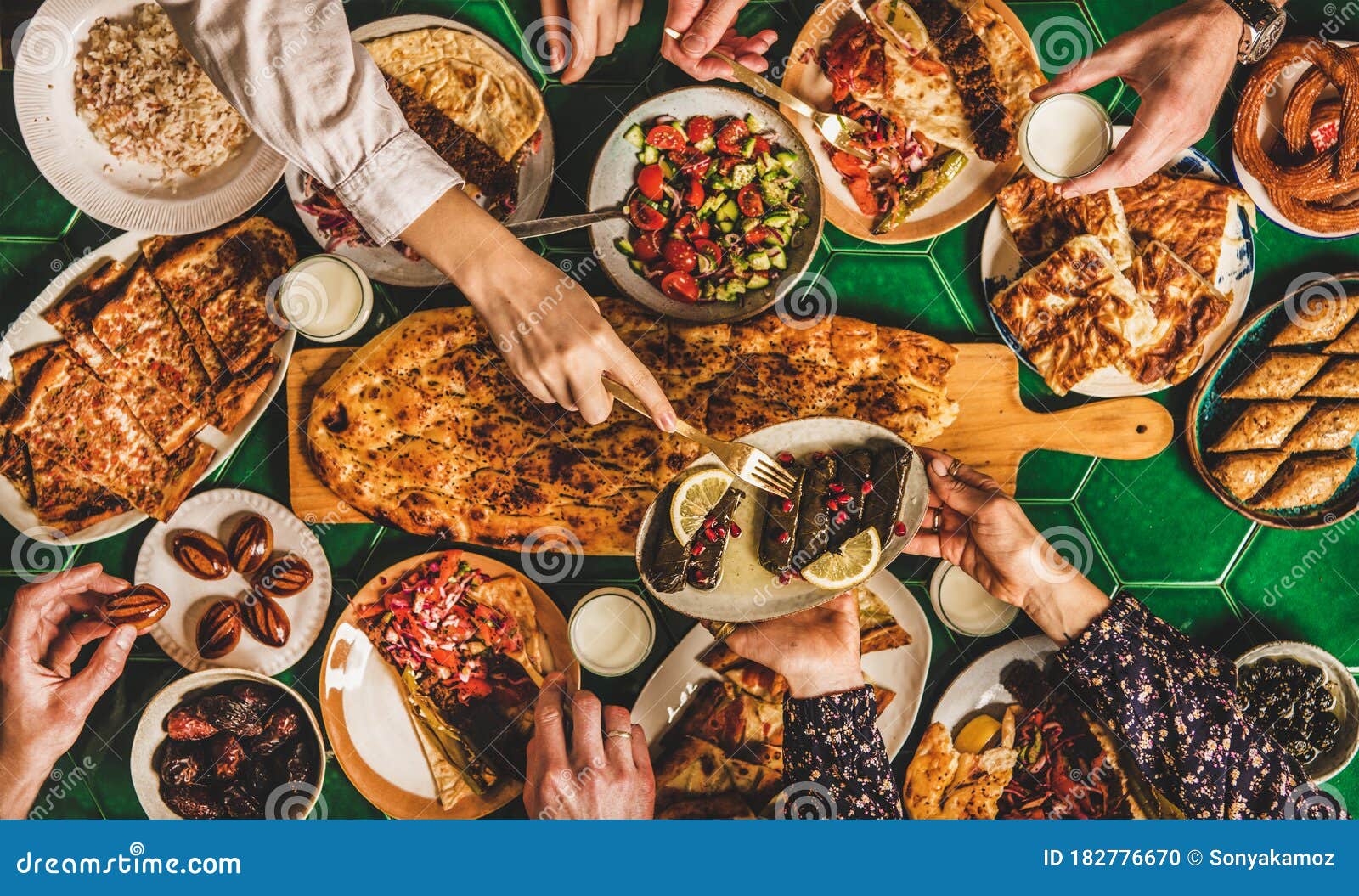 muslim ramadan iftar family dinner table with traditional turkish foods