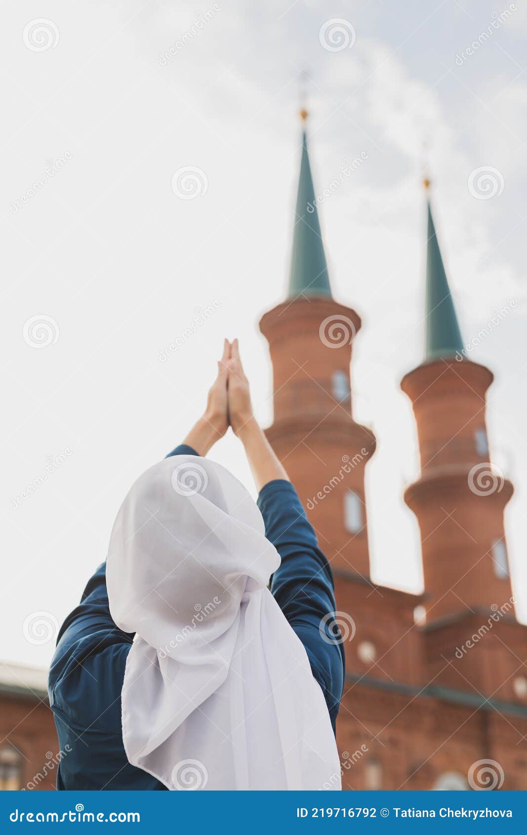 Muslim Woman Prayer Wear Hijab Fasting Pray To Allah on Mosque ...