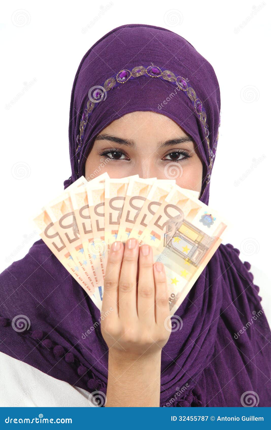 Muslim Woman Wearing A Hijab Holding A Lot Of Money 