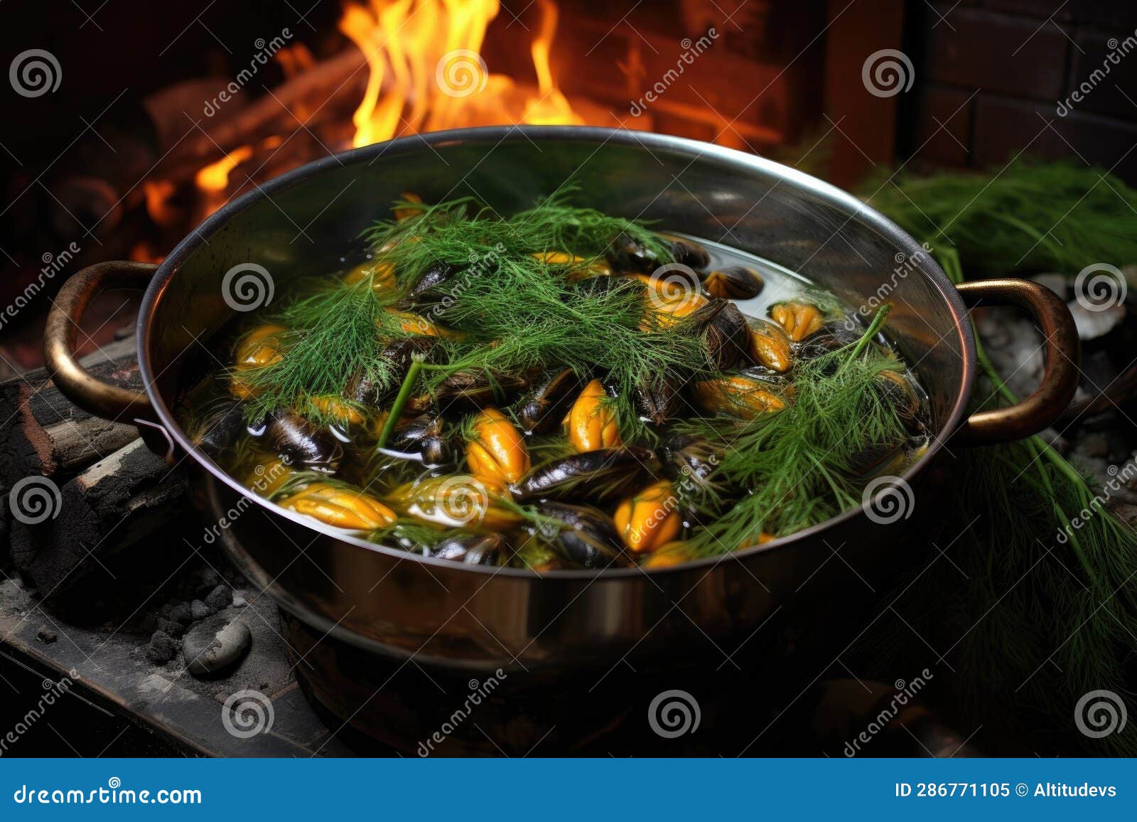 Mussels Cooking in a Steaming Pot with White Wine Stock Illustration