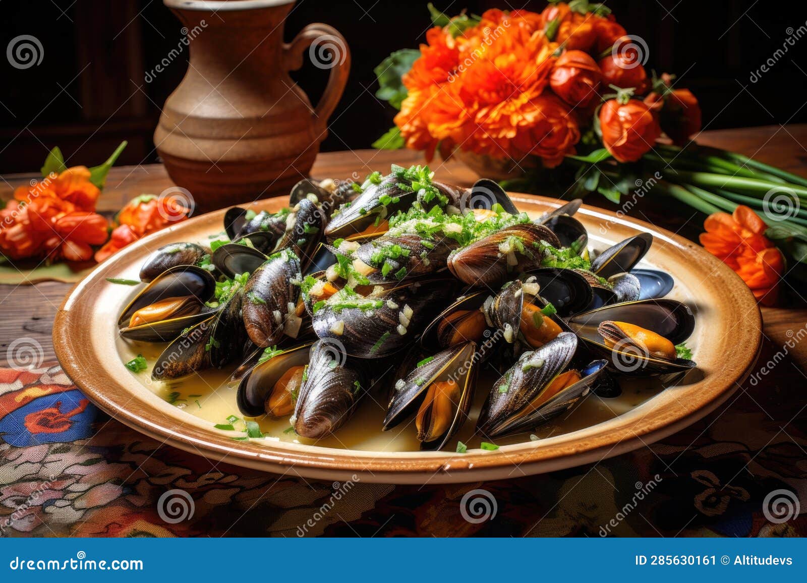 Mussels with Garlic Butter Sauce on a Rustic Plate Stock Image Image