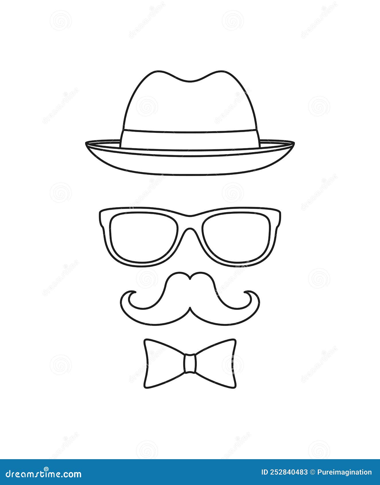 Mustache, Bow Tie, Hat, and Glasses Tracing Worksheet for Kids Stock
