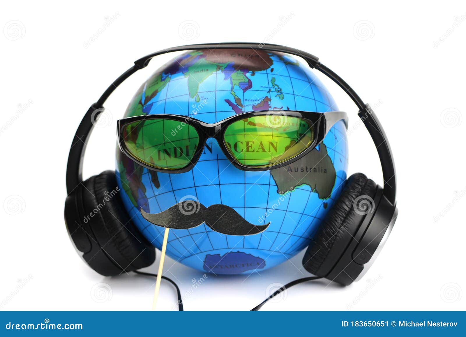 Mustache Globe with Headphones and Glasses Isolated on White Stock