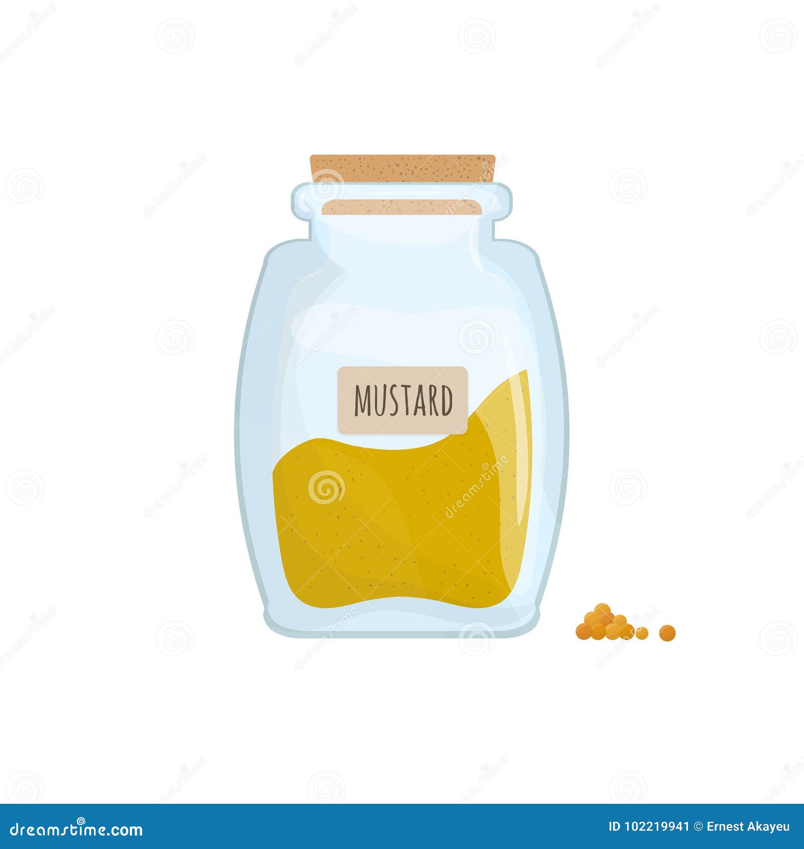 mustard powder stored in clear jar  on white background. pungent condiment, food spice, cooking ingredient in