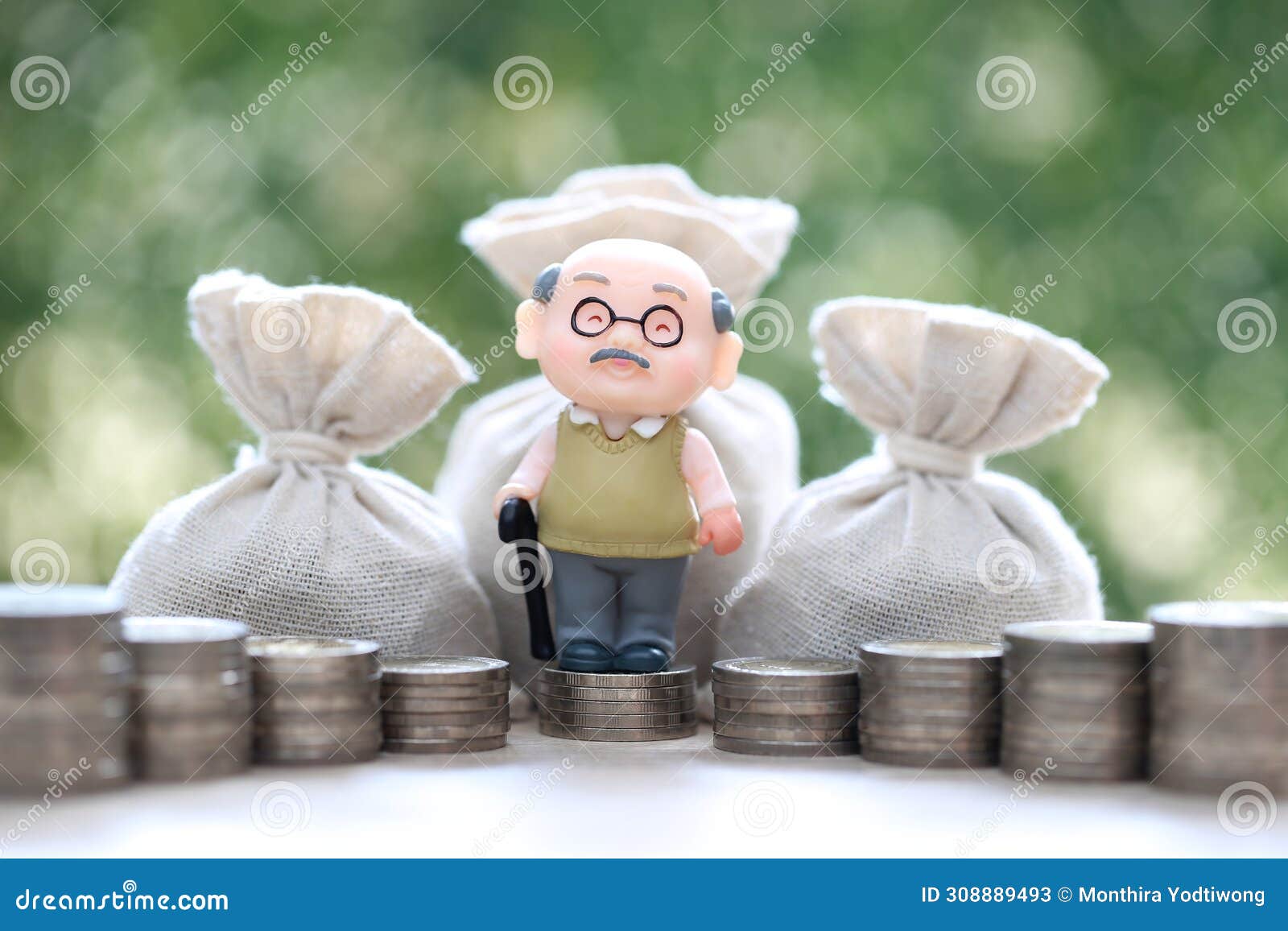 mutual fund,seniorman and gold coin money in the bag on natural green background, save money for prepare in future and pension