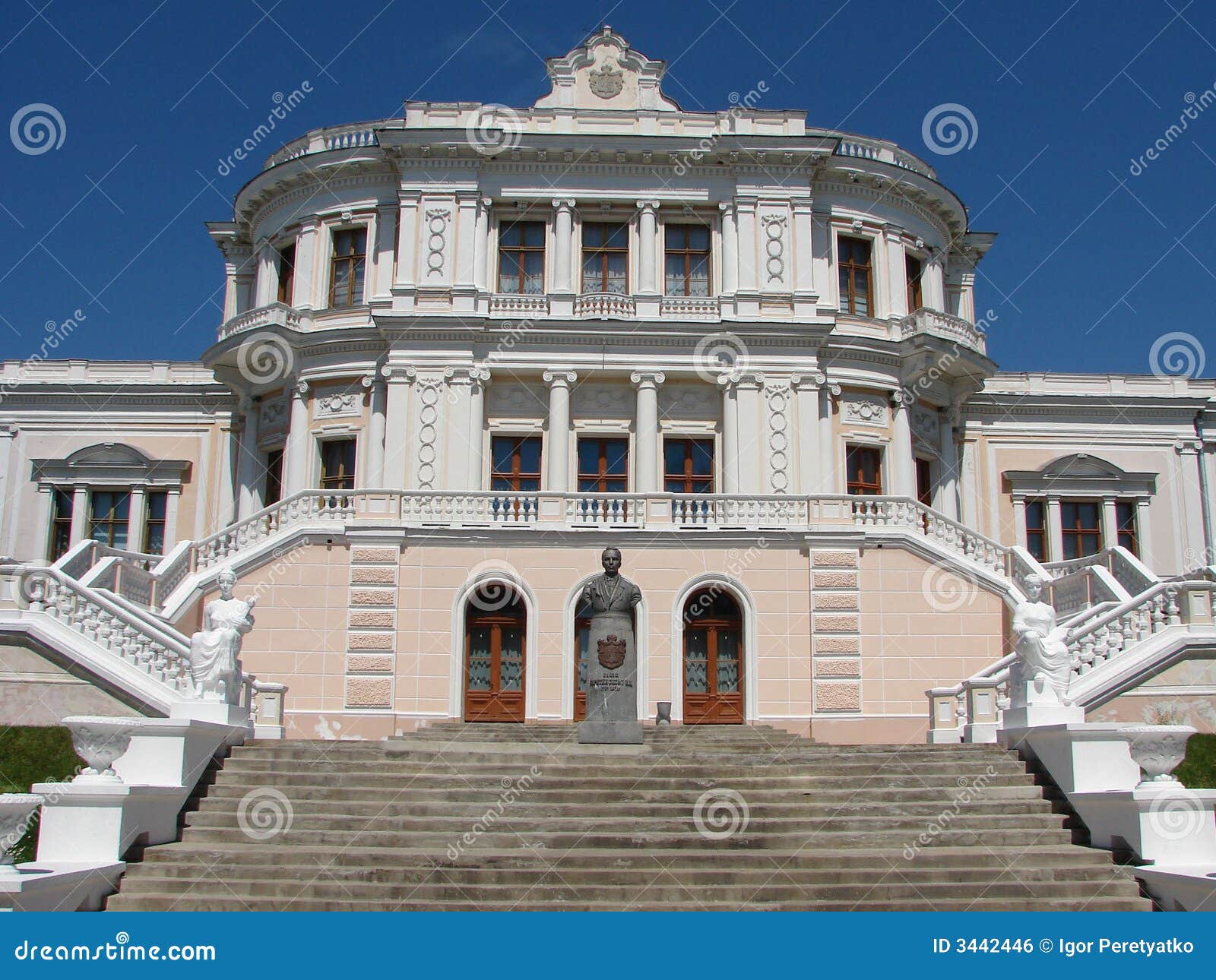 Muzeum pałacu. Niebieski miast drzwi historii pałacu zamka kursk Rosji nieba pomnikowego lata białego schodowi okno