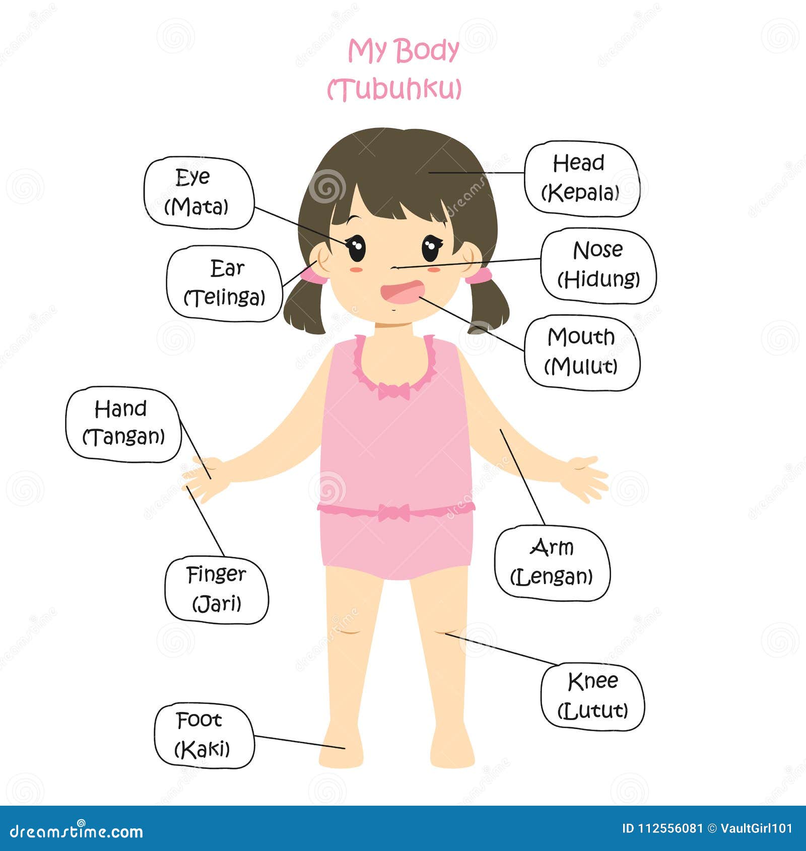 my body parts bilingual, girl cartoon 