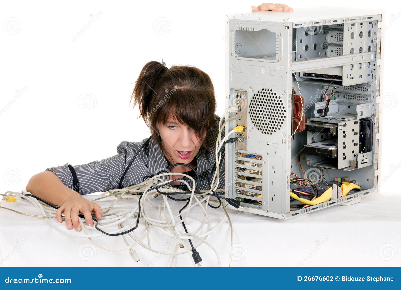 My computer stop working. Breathless business woman having problems with computer