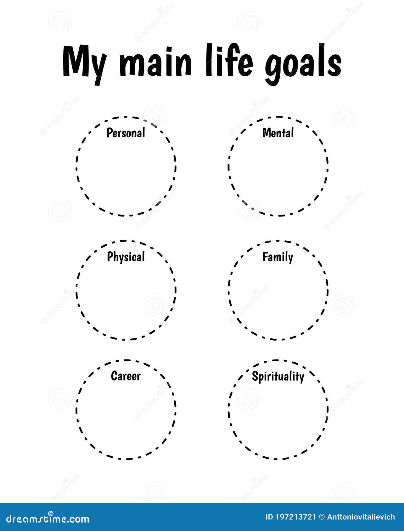 My Main Life Goals. Setting Goals. Blank Template for Targets. Vector