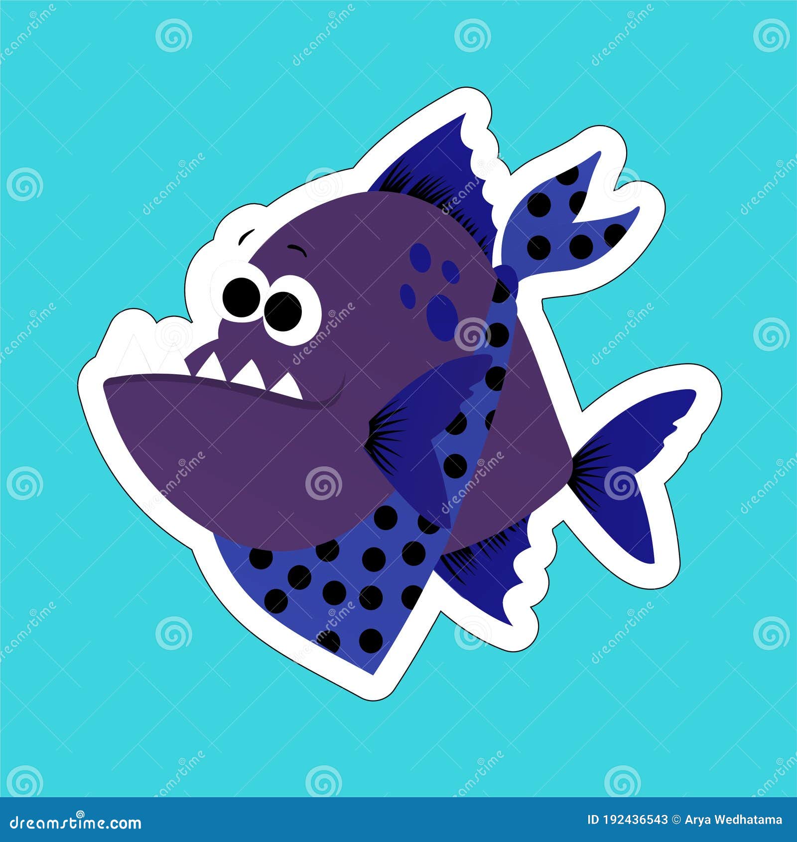 Sticker of Purple Fish with Blue Fins and Sharp Teeth Cartoon, Cute Funny  Character, Flat Design Stock Illustration - Illustration of happy, aquatic:  192436543