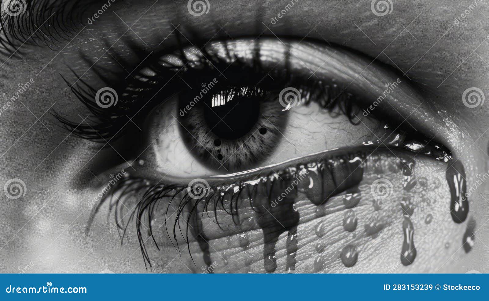 my tears ricochet monochrome photo realistic depiction teary eye woman captured black white using paint dripping 283153239